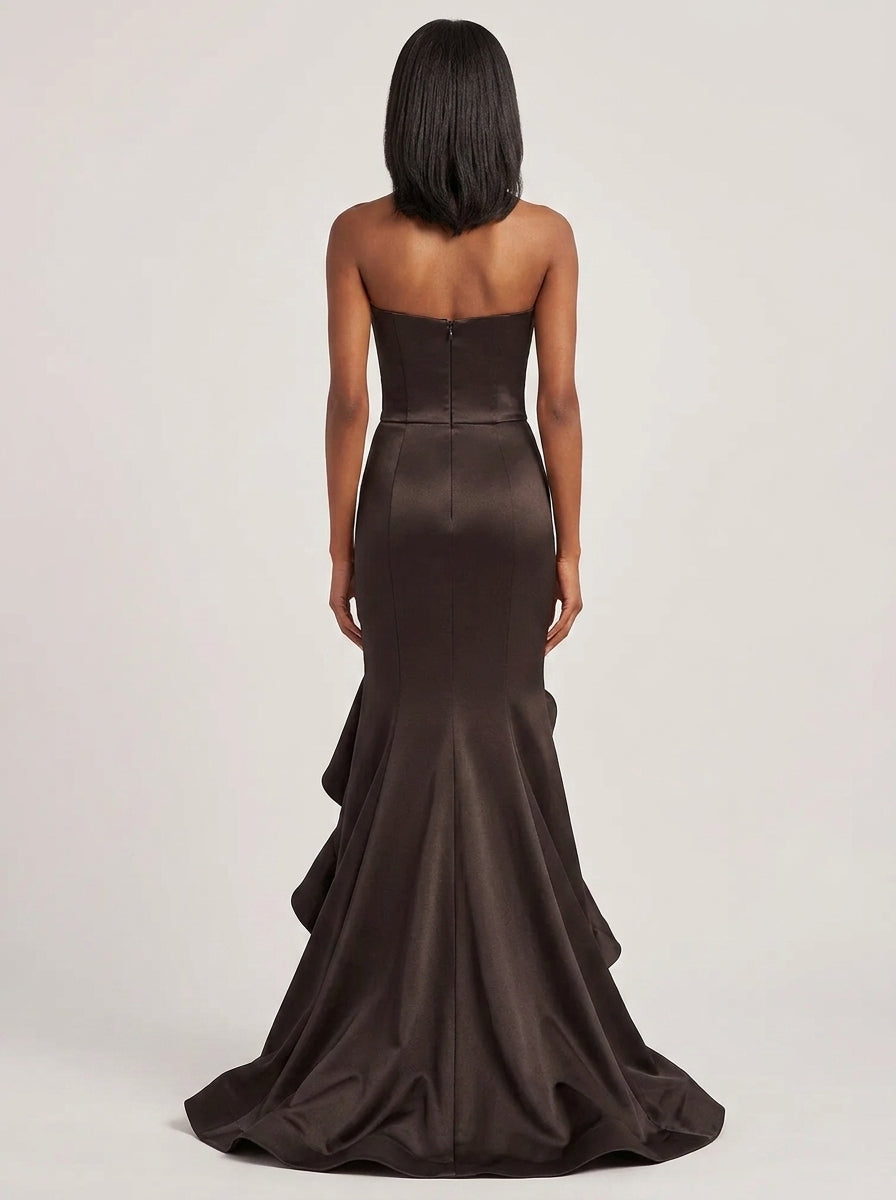 Exquisite Tailoring Mermaid Strapless Ruffled High Slit Black Floor-Length Prom Dress