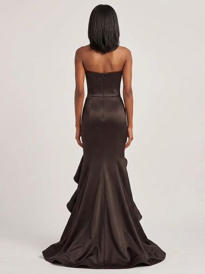 Exquisite Tailoring Mermaid Strapless Ruffled High Slit Black Floor-Length Prom Dress