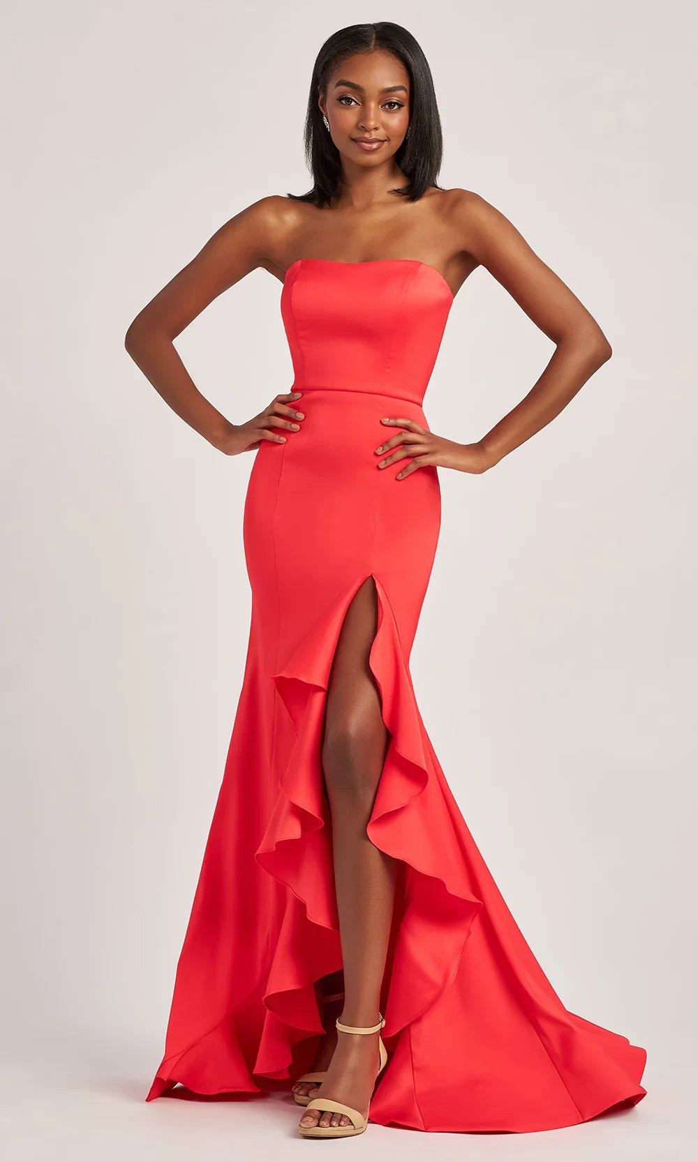 Exquisite Tailoring Mermaid Strapless Ruffled High Slit Black Floor-Length Prom Dress