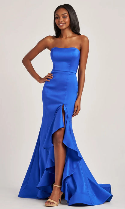 Exquisite Tailoring Mermaid Strapless Ruffled High Slit Black Floor-Length Prom Dress