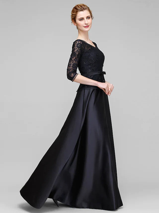 A-Line Mother of the Bride Dress Open Back V Neck Floor Length Lace Satin Half Sleeve with Lace Bow(s)
