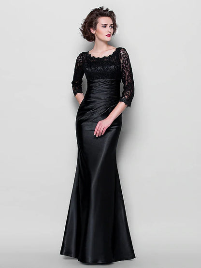 Mother of the Bride Dress See Through Jewel Neck Floor Length Stretch Satin Lace Over Satin Length Sleeve with Lace Ruched Side Draping