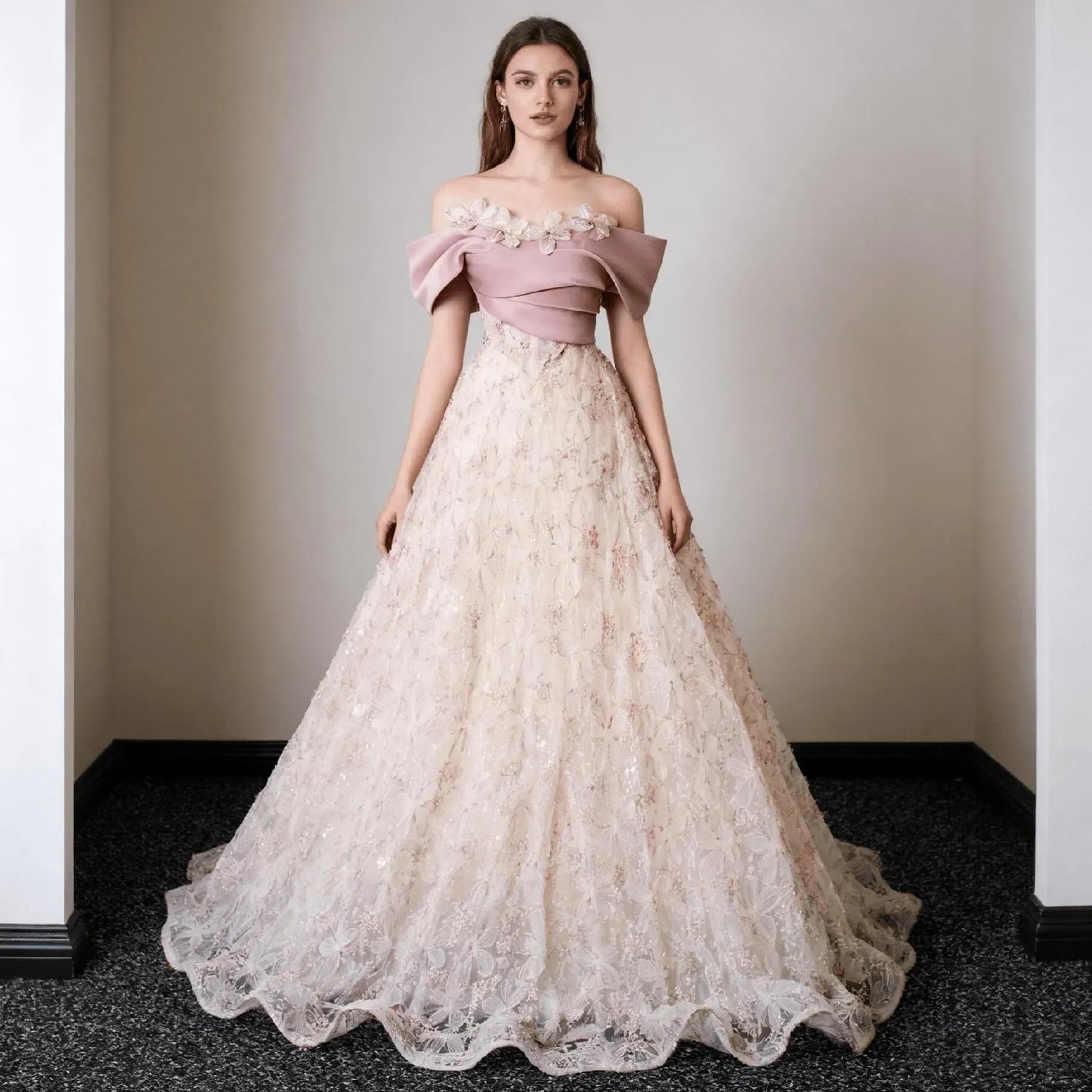 Fairy A-Line Off-Shoulder Floral-Applique Ruffle Tulle Pink Floor-Length Prom Dress