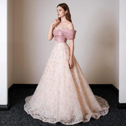 Fairy A-Line Off-Shoulder Floral-Applique Ruffle Tulle Pink Floor-Length Prom Dress