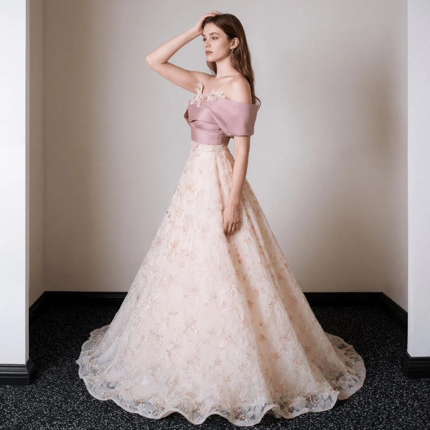 Fairy A-Line Off-Shoulder Floral-Applique Ruffle Tulle Pink Floor-Length Prom Dress