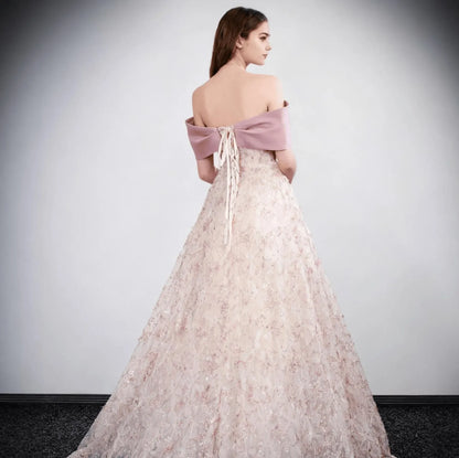Fairy A-Line Off-Shoulder Floral-Applique Ruffle Tulle Pink Floor-Length Prom Dress