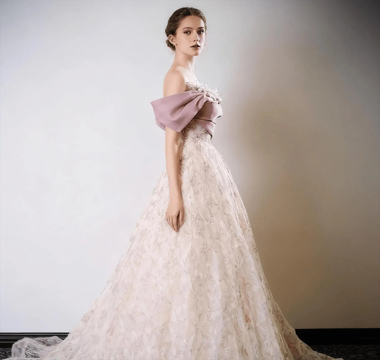 Fairy A-Line Off-Shoulder Floral-Applique Ruffle Tulle Pink Floor-Length Prom Dress