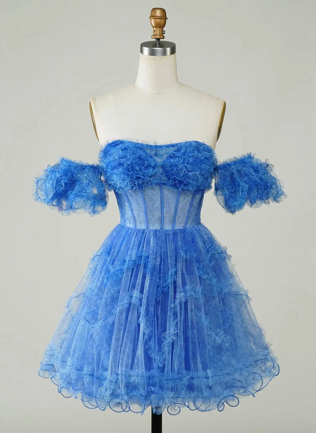 Fairy A-Line Off-Shoulder Short Sleeves Corset Ruffle Blue Short Homecoming Dress