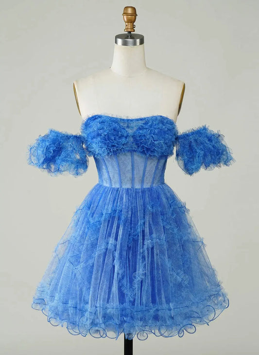Fairy A-Line Off-Shoulder Short Sleeves Corset Ruffle Blue Short Homecoming Dress