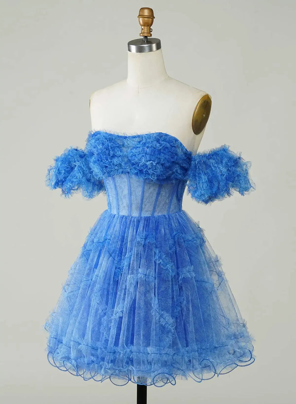 Fairy A-Line Off-Shoulder Short Sleeves Corset Ruffle Blue Short Homecoming Dress