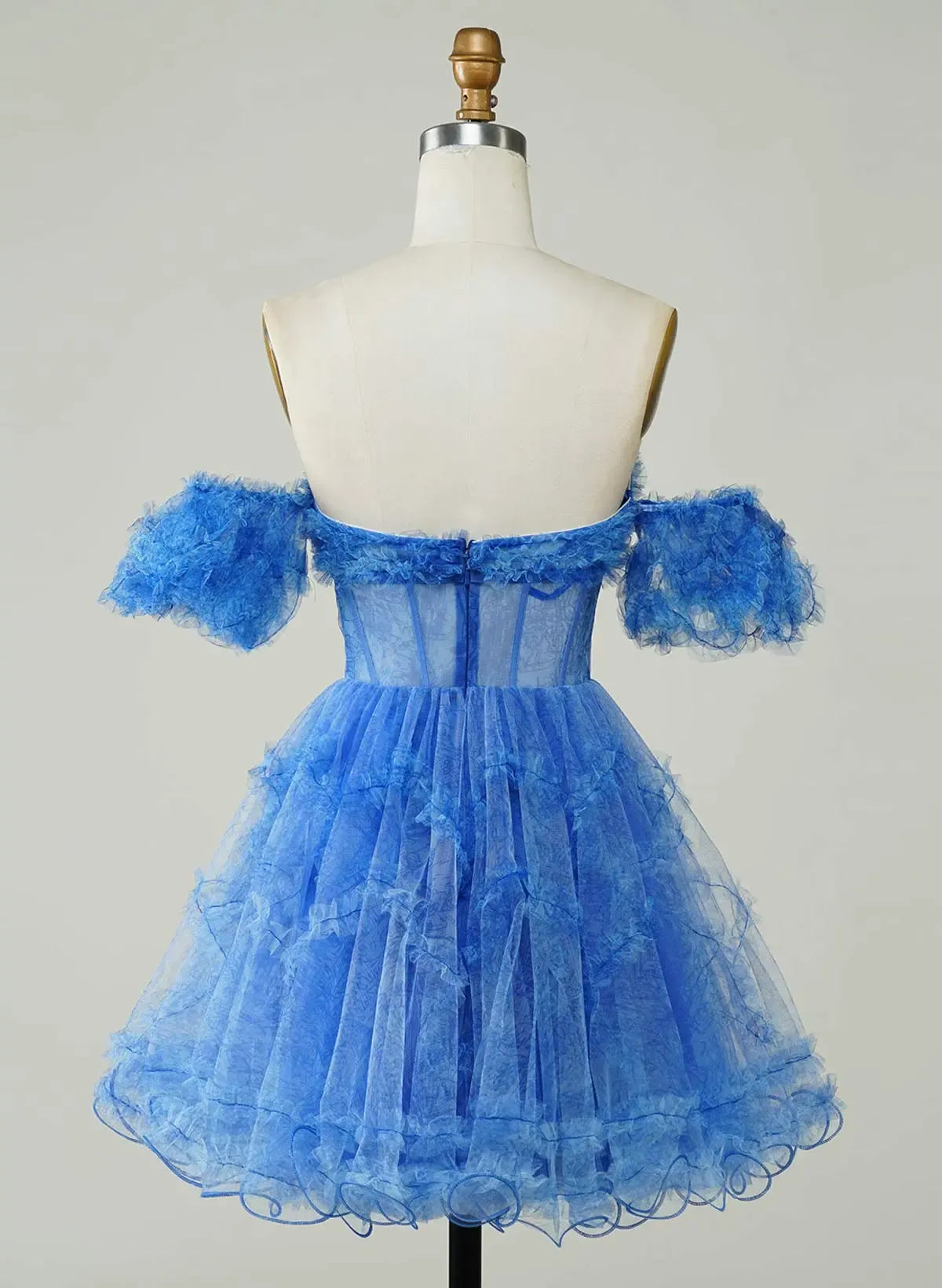 Fairy A-Line Off-Shoulder Short Sleeves Corset Ruffle Blue Short Homecoming Dress