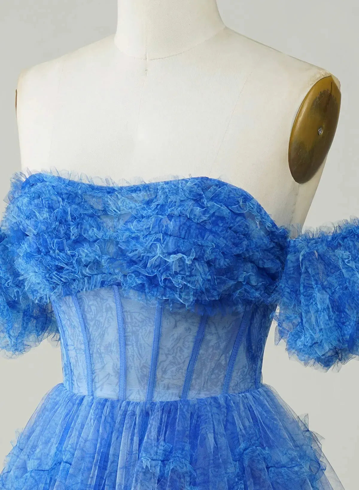 Fairy A-Line Off-Shoulder Short Sleeves Corset Ruffle Blue Short Homecoming Dress