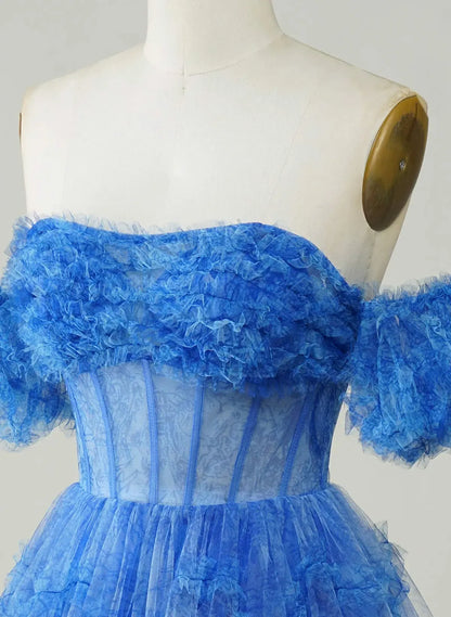Fairy A-Line Off-Shoulder Short Sleeves Corset Ruffle Blue Short Homecoming Dress
