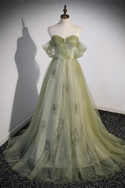 Fairy A-Line Off the Shoulder Sleeveless Pleated Tulle Floor-Length Prom Dress