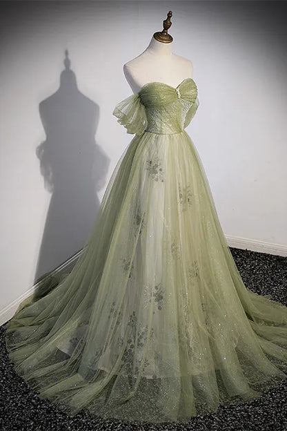 Fairy A-Line Off the Shoulder Sleeveless Pleated Tulle Floor-Length Prom Dress