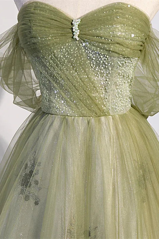 Fairy A-Line Off the Shoulder Sleeveless Pleated Tulle Floor-Length Prom Dress