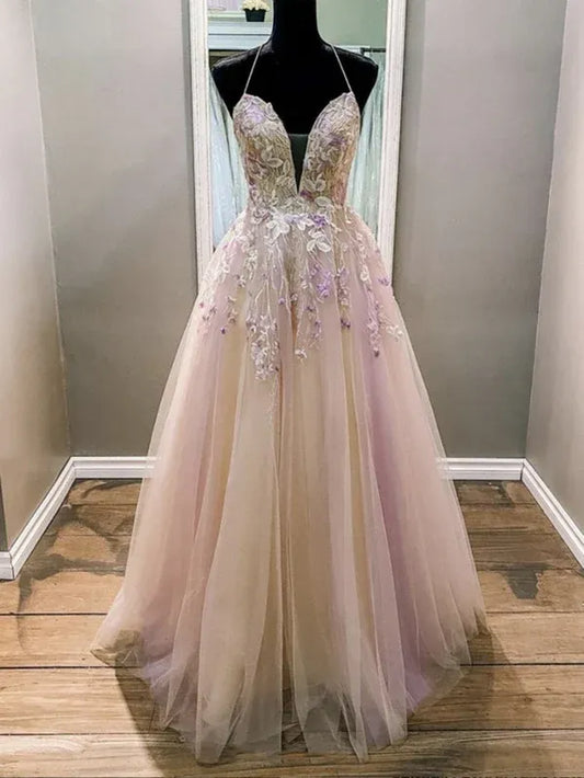 Fairy A-Line Spaghetti-Strap Floral-Applique Tulle Ombre Floor-Length Prom Dress