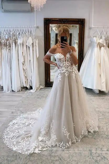 Fairy A Line Off the Shoulder Tulle Wedding Dresses with Appliques