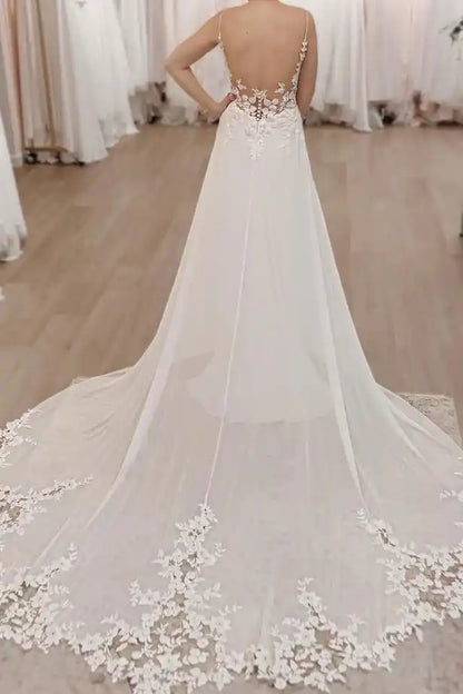 Fairy A Line V Neck Chiffon Long Wedding Dresses with Appliques