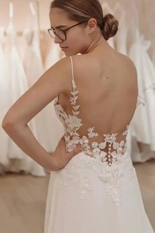 Fairy A Line V Neck Chiffon Long Wedding Dresses with Appliques