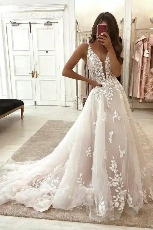 Fairy A Line V Neck Tulle Wedding Dresses with Appliques Prom Dresses