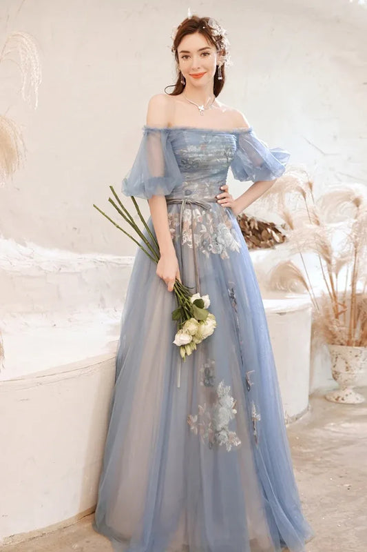 Fairy Ball Gown Off the Shoulder Short Sleeve Backless Tulle Floor-Length Prom Dress