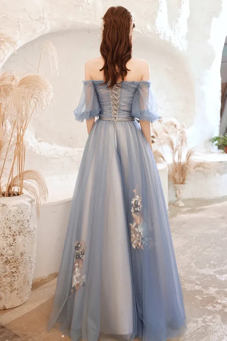 Fairy Ball Gown Off the Shoulder Short Sleeve Backless Tulle Floor-Length Prom Dress