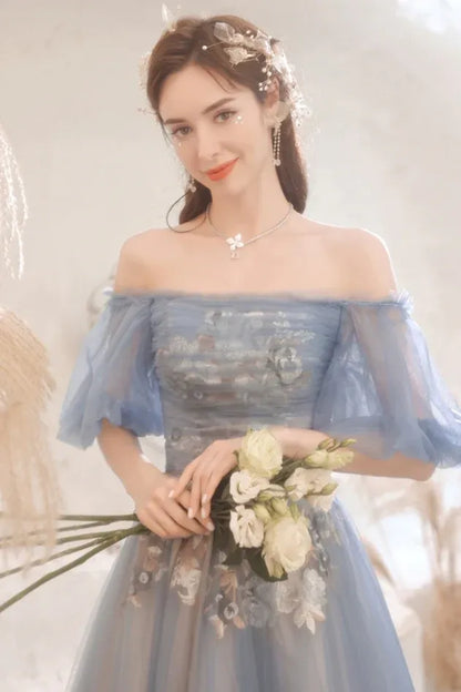 Fairy Ball Gown Off the Shoulder Short Sleeve Backless Tulle Floor-Length Prom Dress