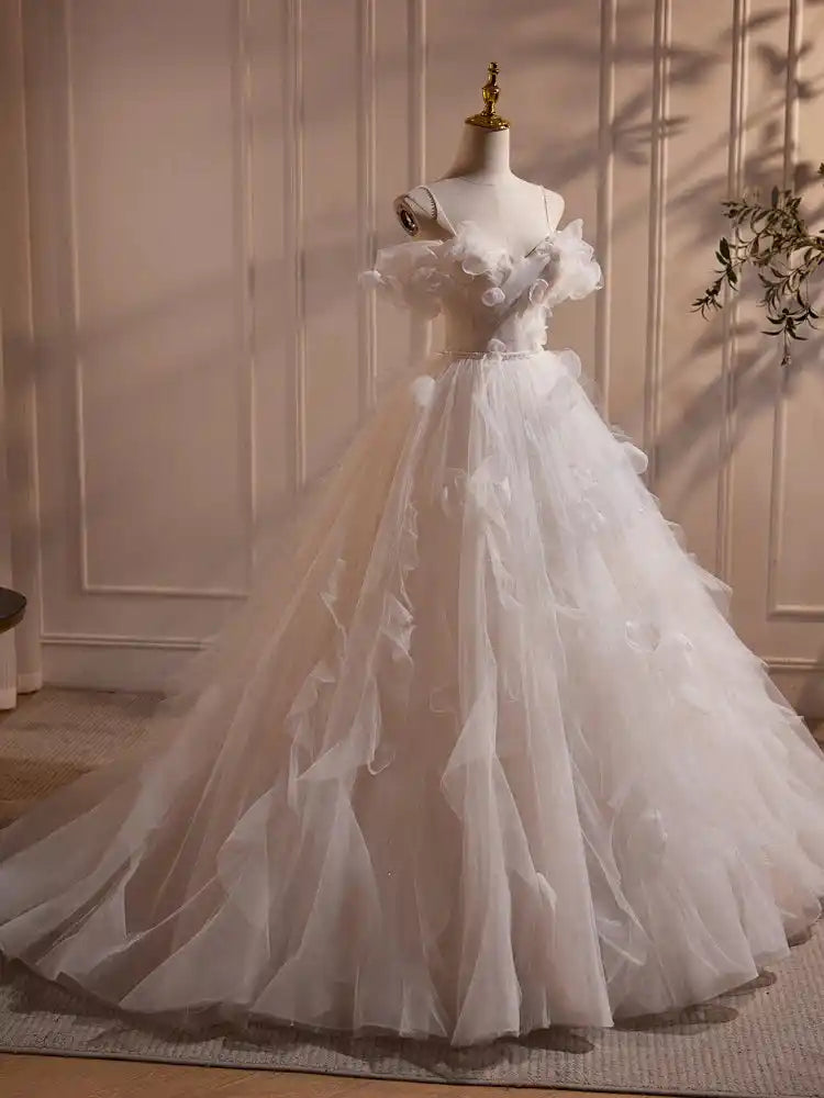 Fairy Off the Shoulder Flower Tulle Long Wedding Dress