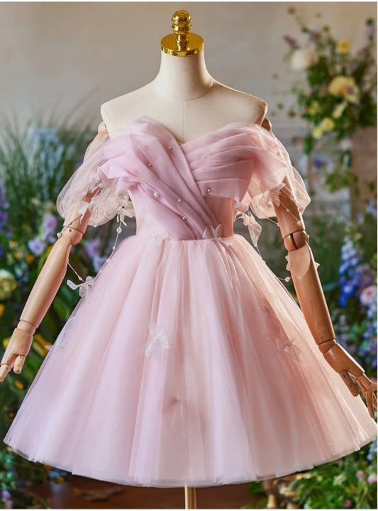 Fairy A-Line Off-Shoulder Pleated Pearl Ruffled Tulle Pink Short Homecoming Dress