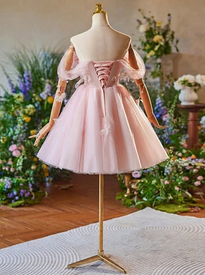 Fairy A-Line Off-Shoulder Pleated Pearl Ruffled Tulle Pink Short Homecoming Dress