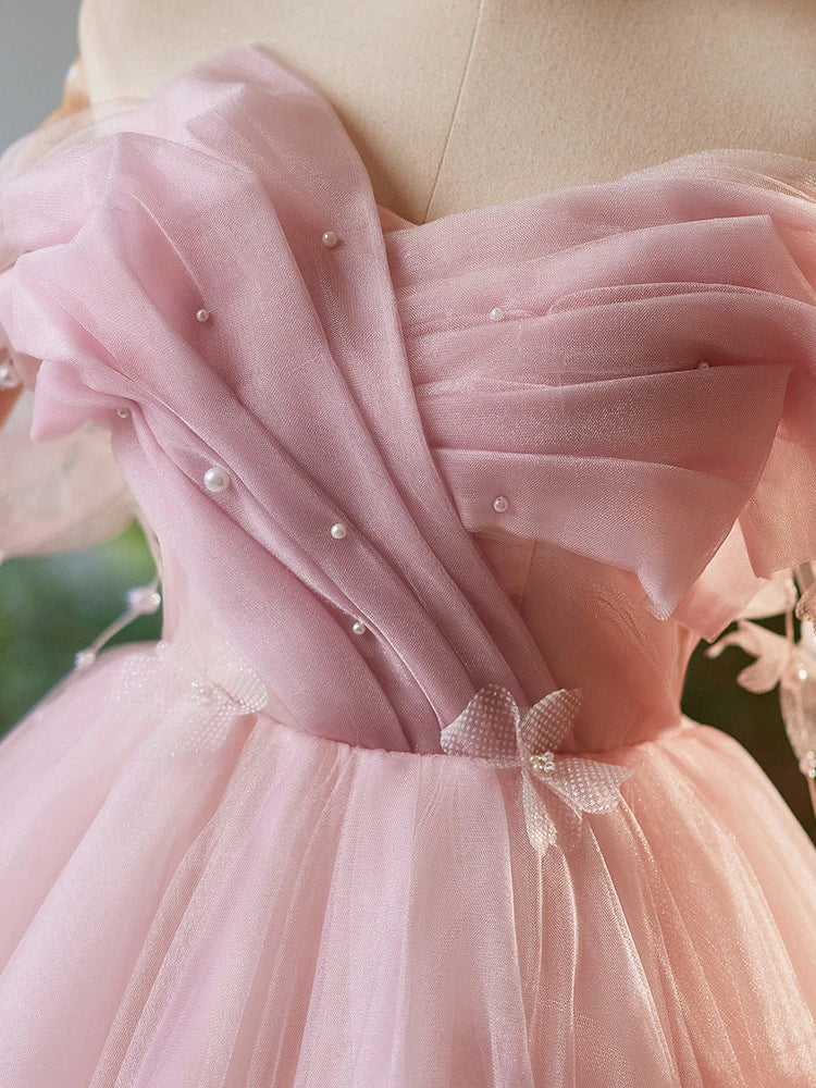 Fairy A-Line Off-Shoulder Pleated Pearl Ruffled Tulle Pink Short Homecoming Dress