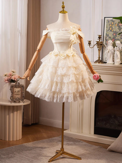 Fairy A-Line Off-Shoulder Tiered Ruffled Flower Ivory Short Homecoming Dress