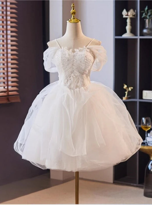 Fairy A-Line Spaghetti Straps Tulle White Mini Homecoming Dress With Beaded