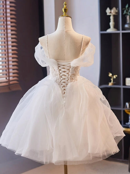 Fairy A-Line Spaghetti Straps Tulle White Mini Homecoming Dress With Beaded