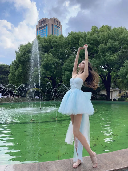 Fairy A-Line Sweetheart Big Bow Satin Tulle Light Blue Mini Homecoming Dress