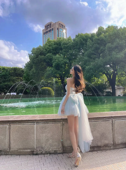 Fairy A-Line Sweetheart Big Bow Satin Tulle Light Blue Mini Homecoming Dress