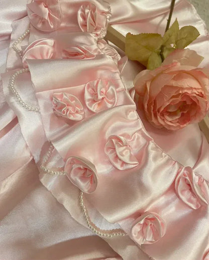 Fairytale Ball Gown Off-Shoulder Sleeveless Ruffled Pink Maxi Prom Dress for Women Custom