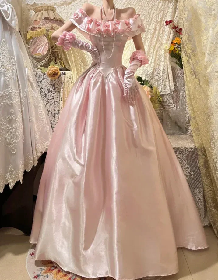 Fairytale Ball Gown Off-Shoulder Sleeveless Ruffled Pink Maxi Prom Dress for Women Custom