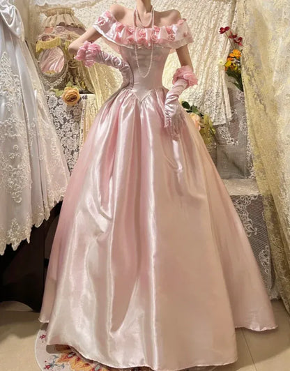 Fairytale Ball Gown Off-Shoulder Sleeveless Ruffled Pink Maxi Prom Dress for Women Custom