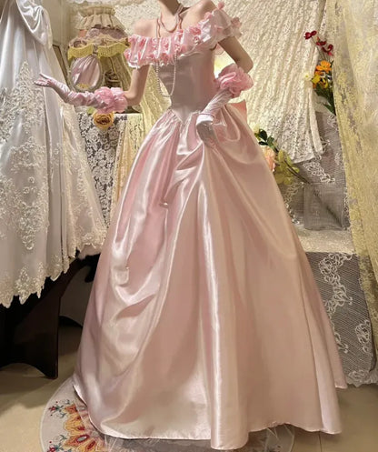 Fairytale Ball Gown Off-Shoulder Sleeveless Ruffled Pink Maxi Prom Dress for Women Custom