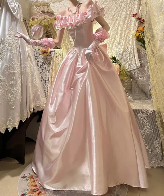 Fairytale Ball Gown Off-Shoulder Sleeveless Ruffled Pink Maxi Prom Dress for Women Custom
