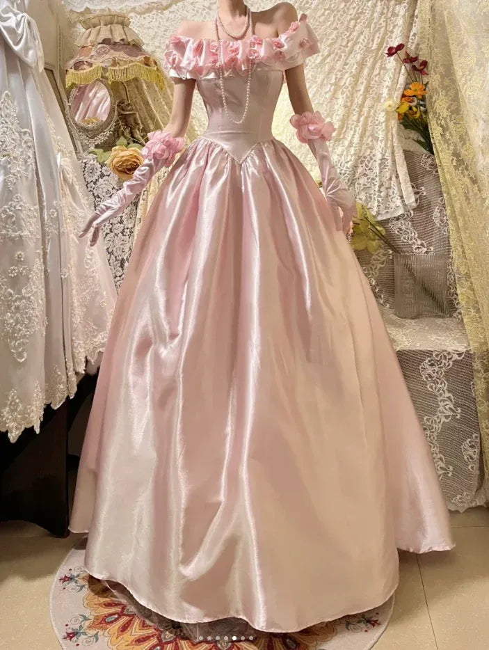 Fairytale Ball Gown Off-Shoulder Sleeveless Ruffled Pink Maxi Prom Dress for Women Custom