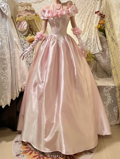 Fairytale Ball Gown Off-Shoulder Sleeveless Ruffled Pink Maxi Prom Dress for Women Custom