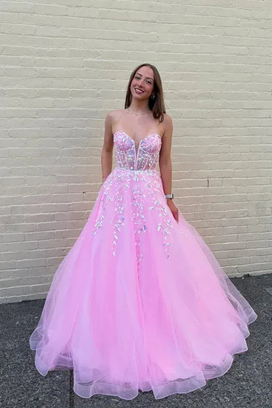 Fairytale Ball Gown Sweetheart Neck Sleeveless Beaded Pink Maxi Prom Dress for Women Ready to Ship