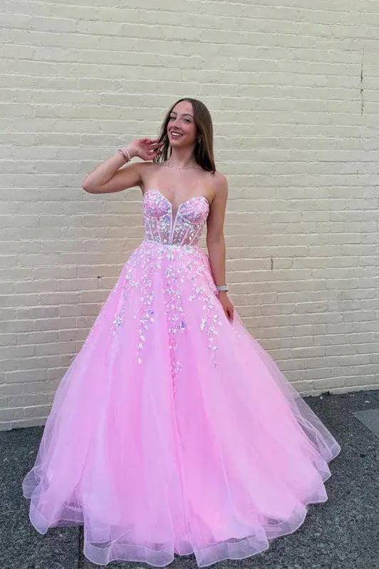 Fairytale Ball Gown Sweetheart Neck Sleeveless Beaded Pink Maxi Prom Dress for Women Ready to Ship