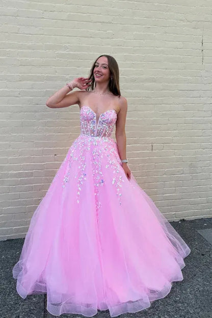Fairytale Ball Gown Sweetheart Neck Sleeveless Beaded Pink Maxi Prom Dress for Women Ready to Ship
