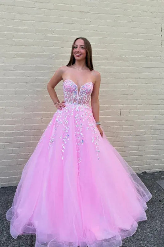 Fairytale Ball Gown Sweetheart Neck Sleeveless Beaded Pink Maxi Prom Dress for Women Ready to Ship