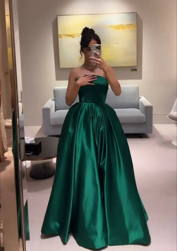 Fashion A-Line Off Shoulder Sleeveless Pleated Satin Floor-Length Evening Dress