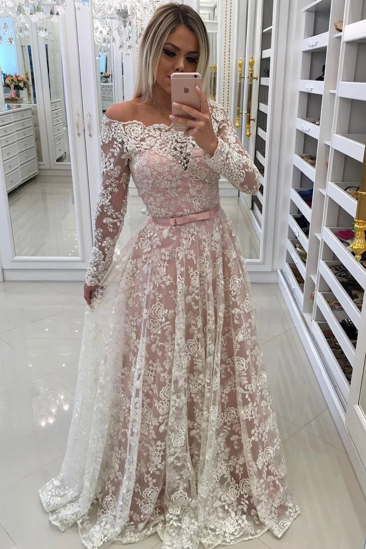 Fashion A-Line Off the Shoulder Long Sleeve Button Back Floor-Length Wedding Dress